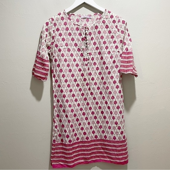 CALYPSO CHRISTIANE CELLE Women’s White Pink Block Print Tunic Top V-Neck Size S - Picture 1 of 8